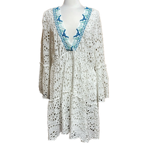 Sundance Women's XL White Eyelet Dress Coverup 3/4 Sleeve Boho Casual - EUC